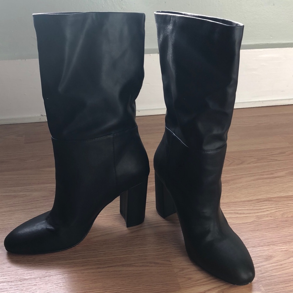Chinese Laundry “Keep Up” black smooth high heeled boots.